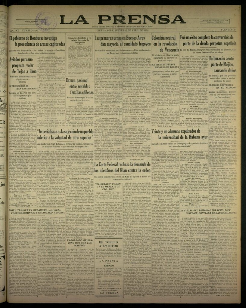 Miniatura de La Prensa: único diario español e hispano americano en Nueva York, del 12 de abril de 1928, nº 3195