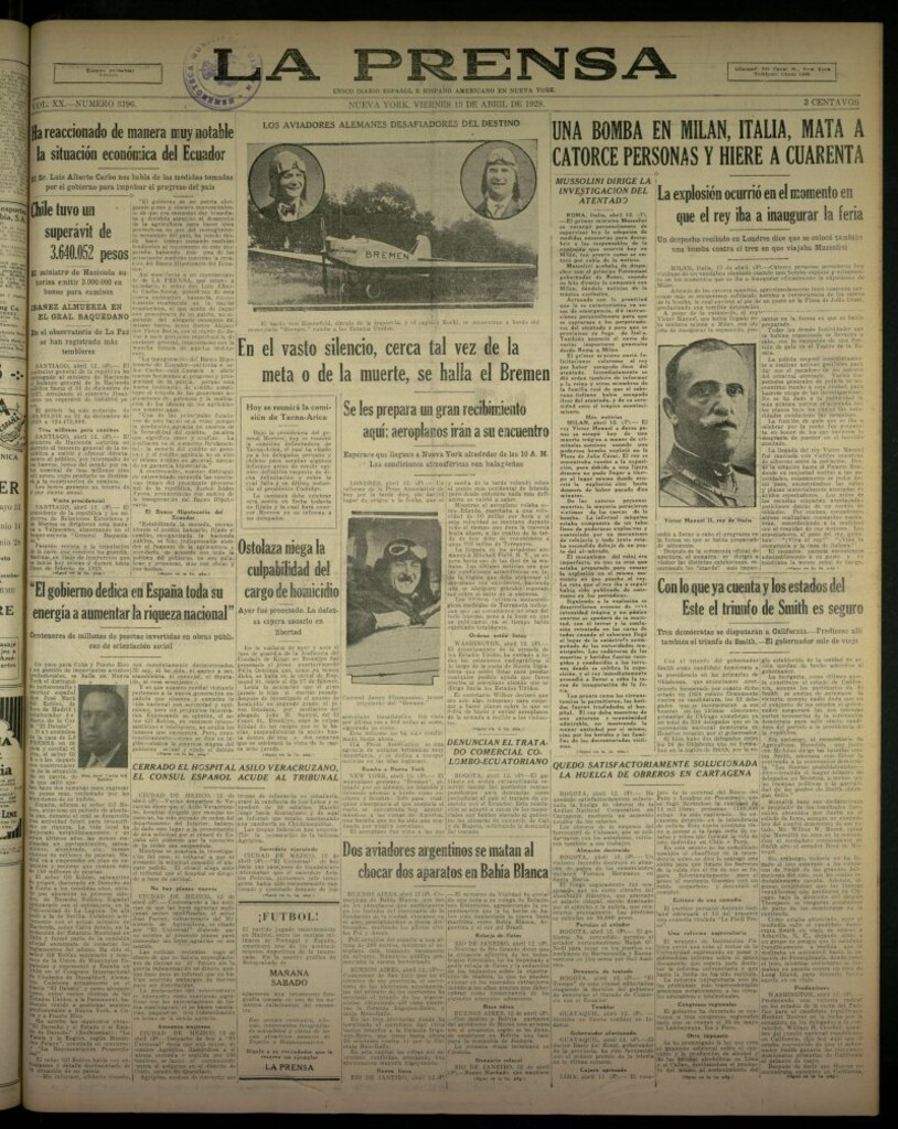 Miniatura de La Prensa: único diario español e hispano americano en Nueva York, del 13 de abril de 1928, nº 3196