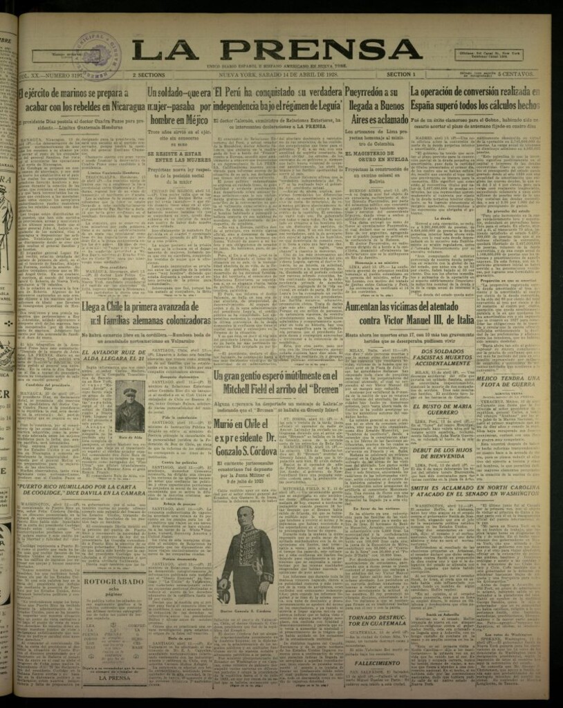 Miniatura de La Prensa: único diario español e hispano americano en Nueva York, del 14 de abril de 1928, nº 3197