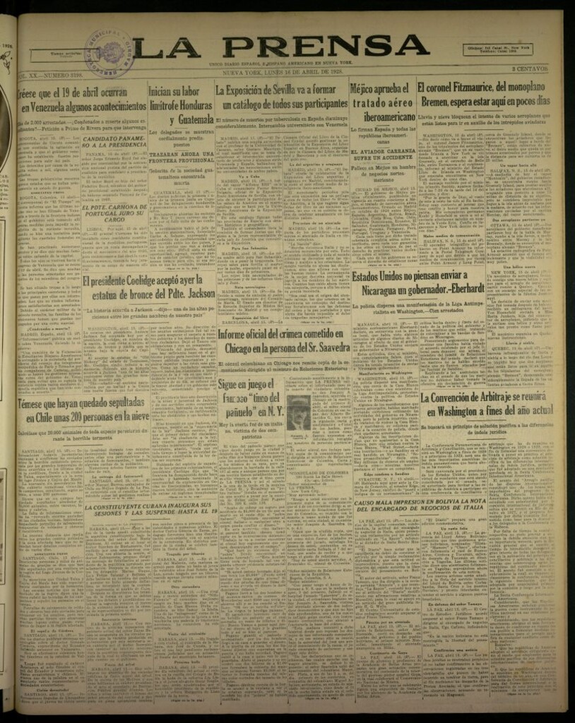 Miniatura de La Prensa: único diario español e hispano americano en Nueva York, del 16 de abril de 1928, nº 3198