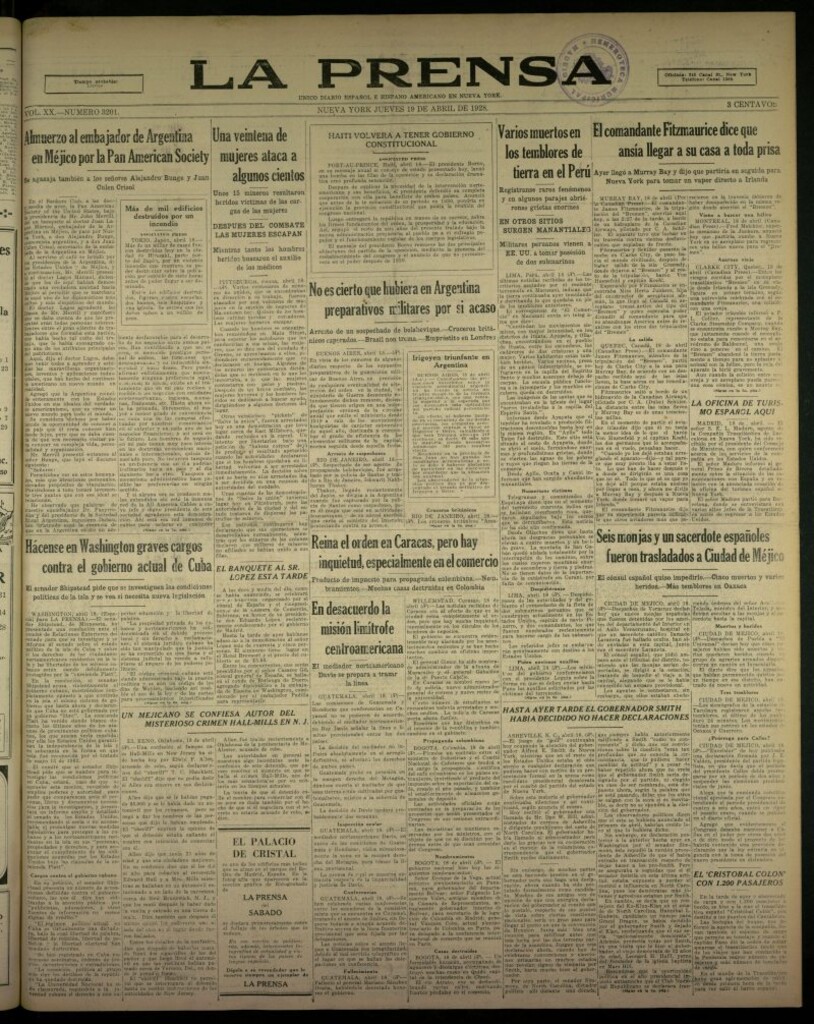 Miniatura de La Prensa: único diario español e hispano americano en Nueva York, del 19 de abril de 1928, nº 3201