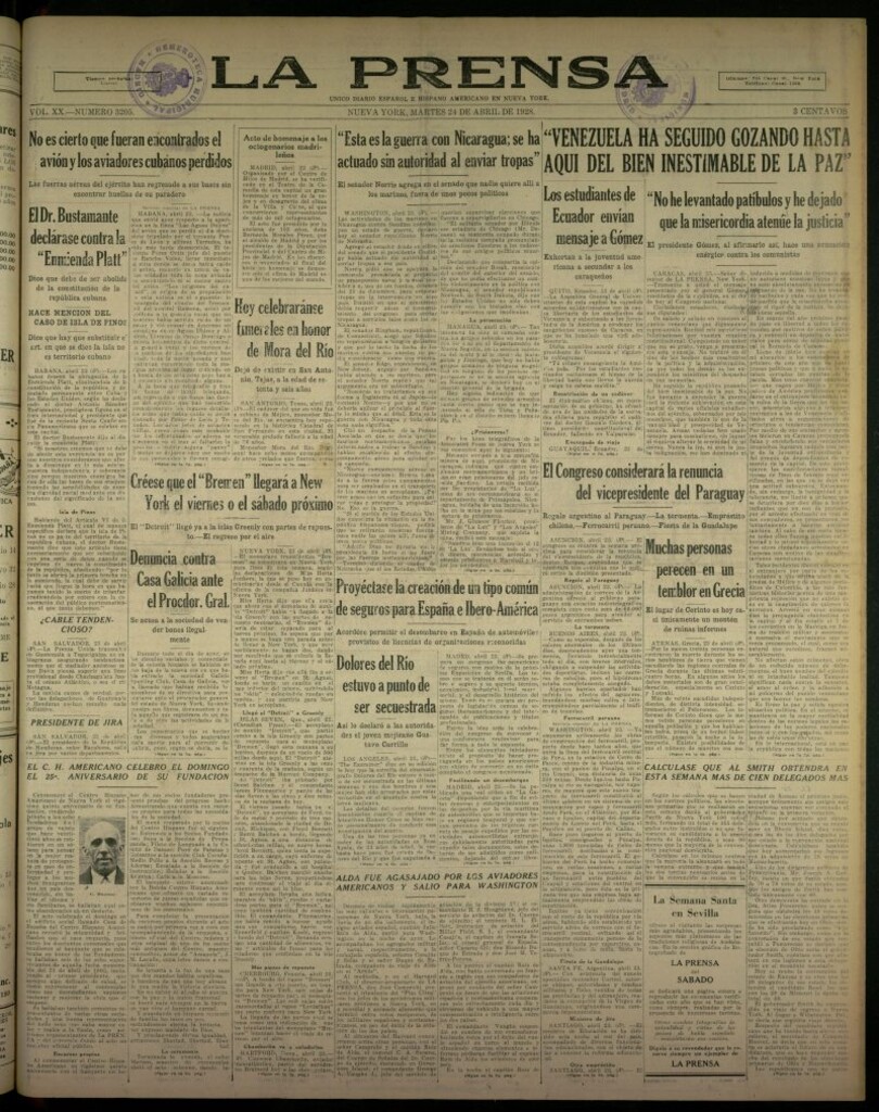 Miniatura de La Prensa: único diario español e hispano americano en Nueva York, del 24 de abril de 1928, nº 3205