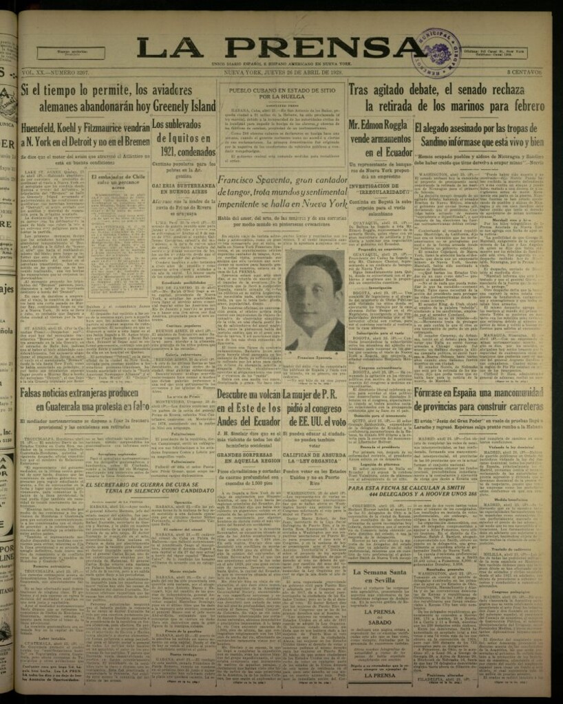 Miniatura de La Prensa: único diario español e hispano americano en Nueva York, del 26 de abril de 1928, nº 3207
