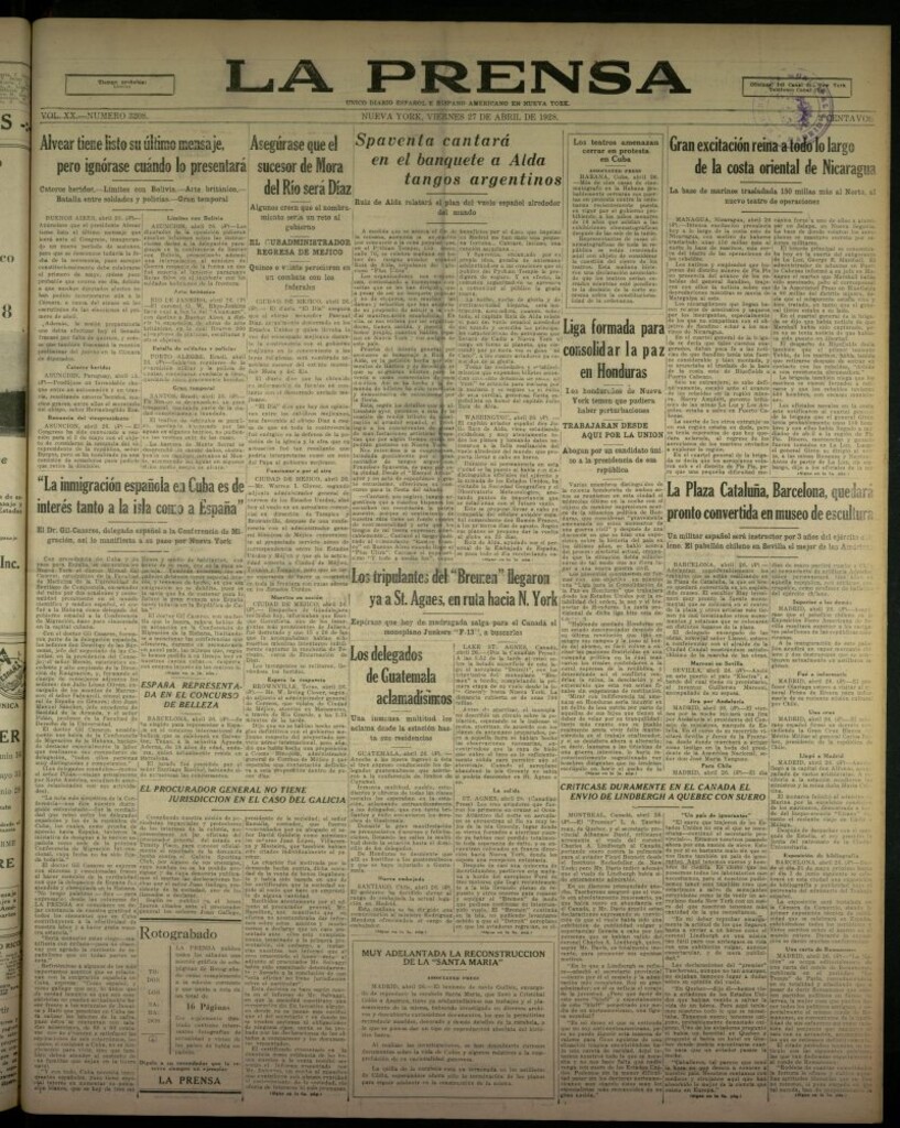 Miniatura de La Prensa: único diario español e hispano americano en Nueva York, del 27 de abril de 1928, nº 3208