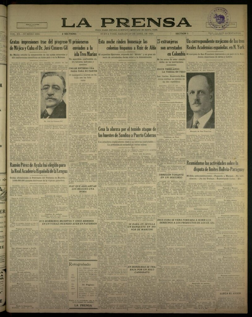 Miniatura de La Prensa: único diario español e hispano americano en Nueva York, del 28 de abril de 1928, nº 3209