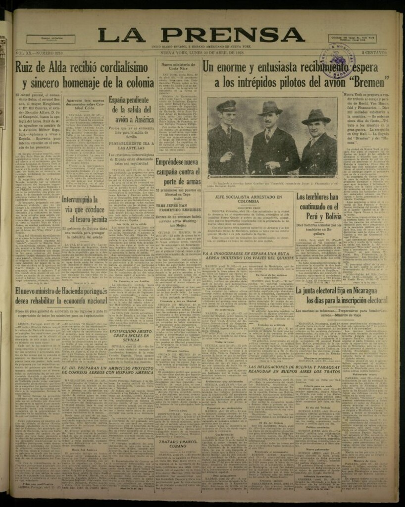 Miniatura de La Prensa: único diario español e hispano americano en Nueva York, del 30 de abril de 1928, nº 3210