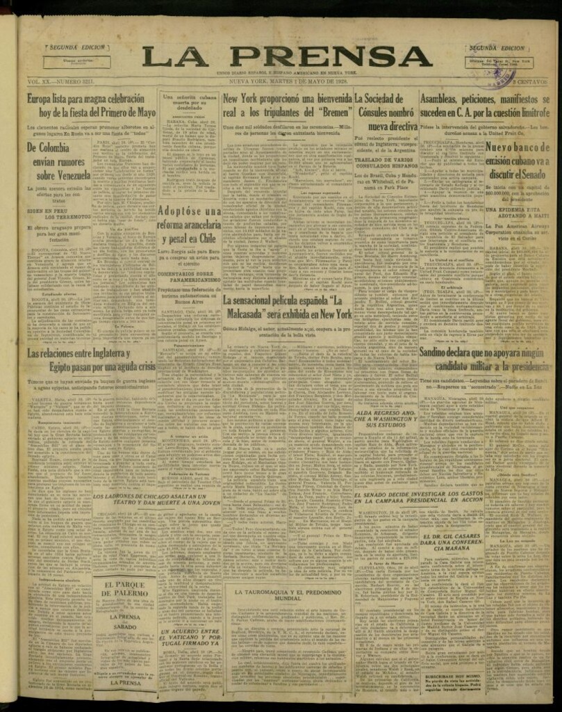 Miniatura de La Prensa: único diario español e hispano americano en Nueva York, del 1 de mayo de 1928, nº 3211