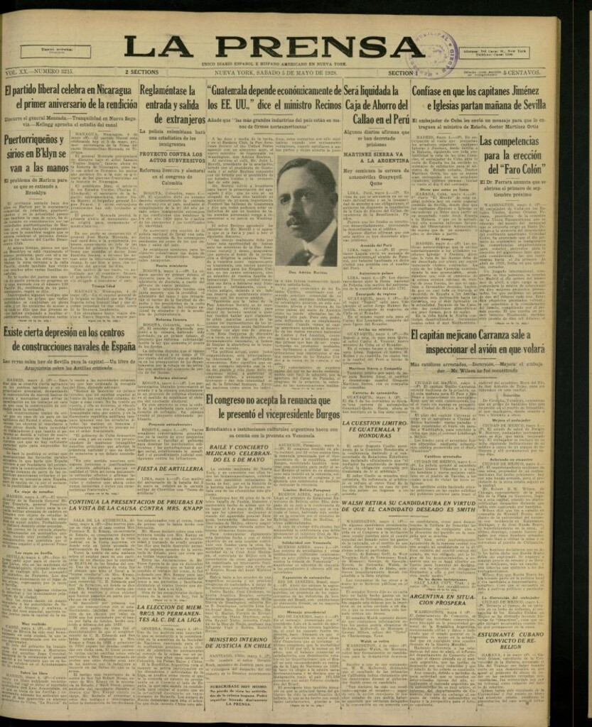 Miniatura de La Prensa: único diario español e hispano americano en Nueva York, del 5 de mayo de 1928, nº 3215