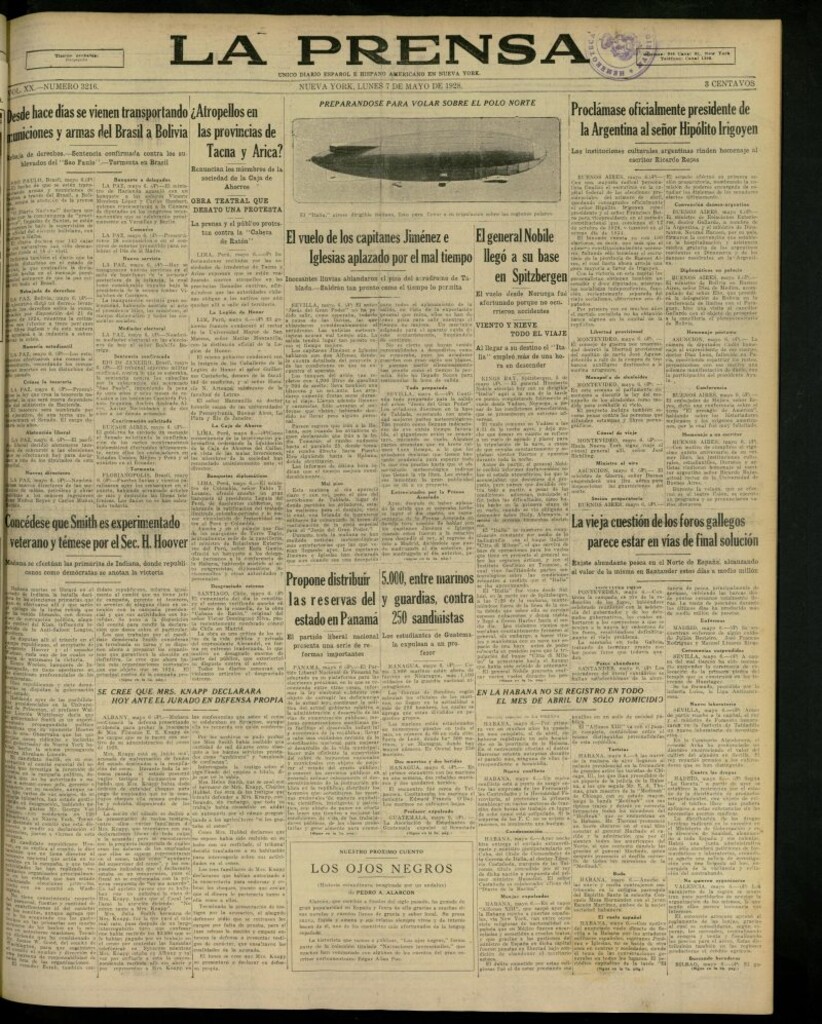 Miniatura de La Prensa: único diario español e hispano americano en Nueva York, del 7 de mayo de 1928, nº 3216 [sic]