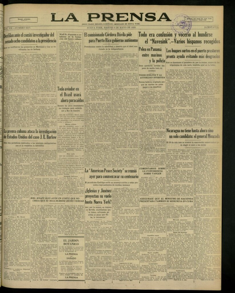 Miniatura de La Prensa: único diario español e hispano americano en Nueva York, del 8 de mayo de 1928, nº 3217