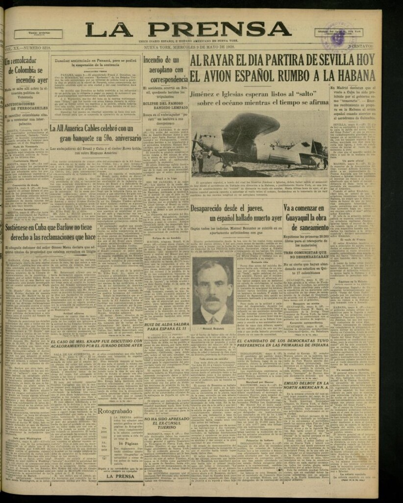 Miniatura de La Prensa: único diario español e hispano americano en Nueva York, del 9 de mayo de 1928, nº 3218