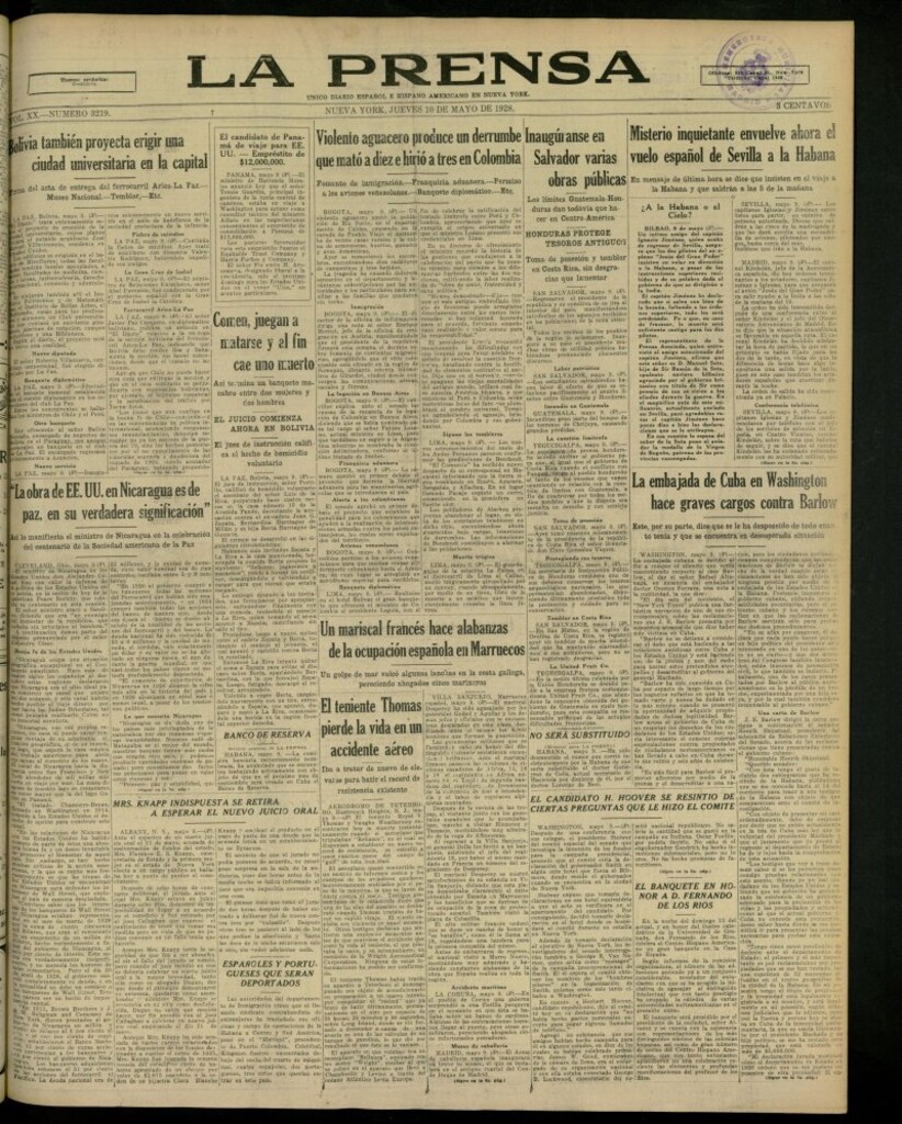 Miniatura de La Prensa: único diario español e hispano americano en Nueva York, del 10 de mayo de 1928, nº 3219