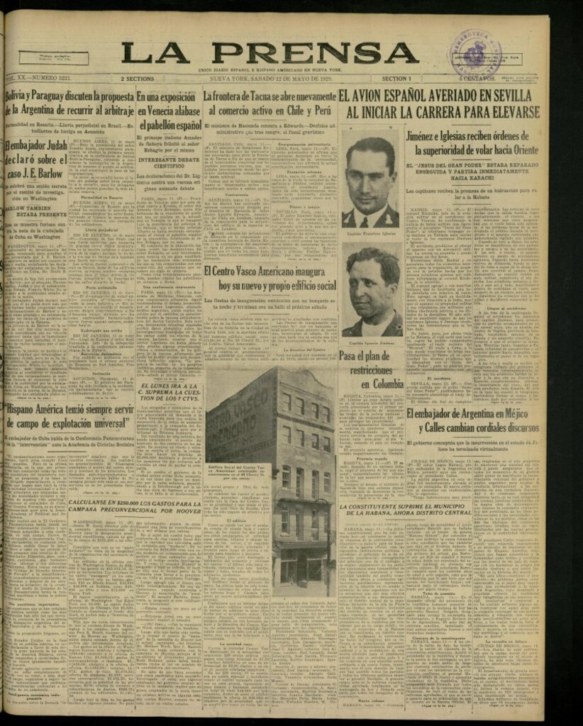 Miniatura de La Prensa: único diario español e hispano americano en Nueva York, del 12 de mayo de 1928, nº 3221