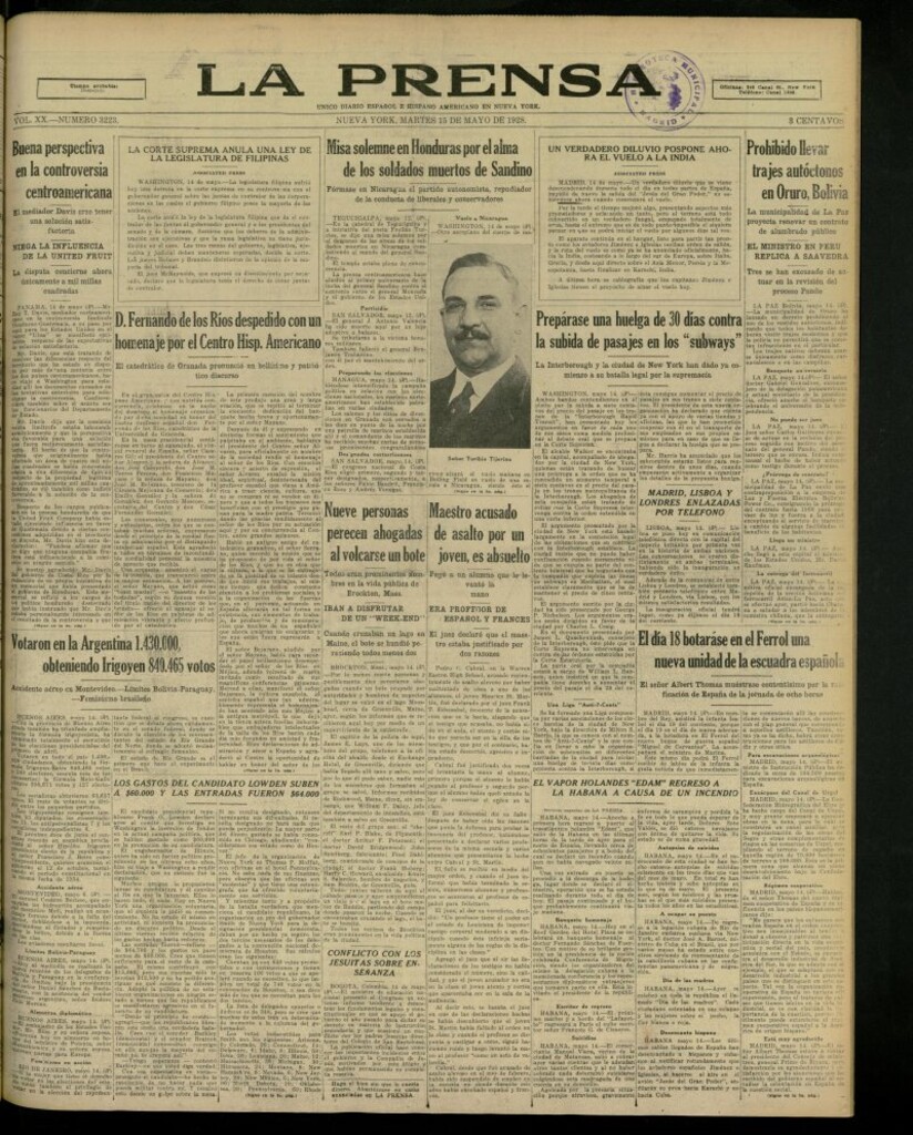 Miniatura de La Prensa: único diario español e hispano americano en Nueva York, del 15 de mayo de 1928, nº 3223
