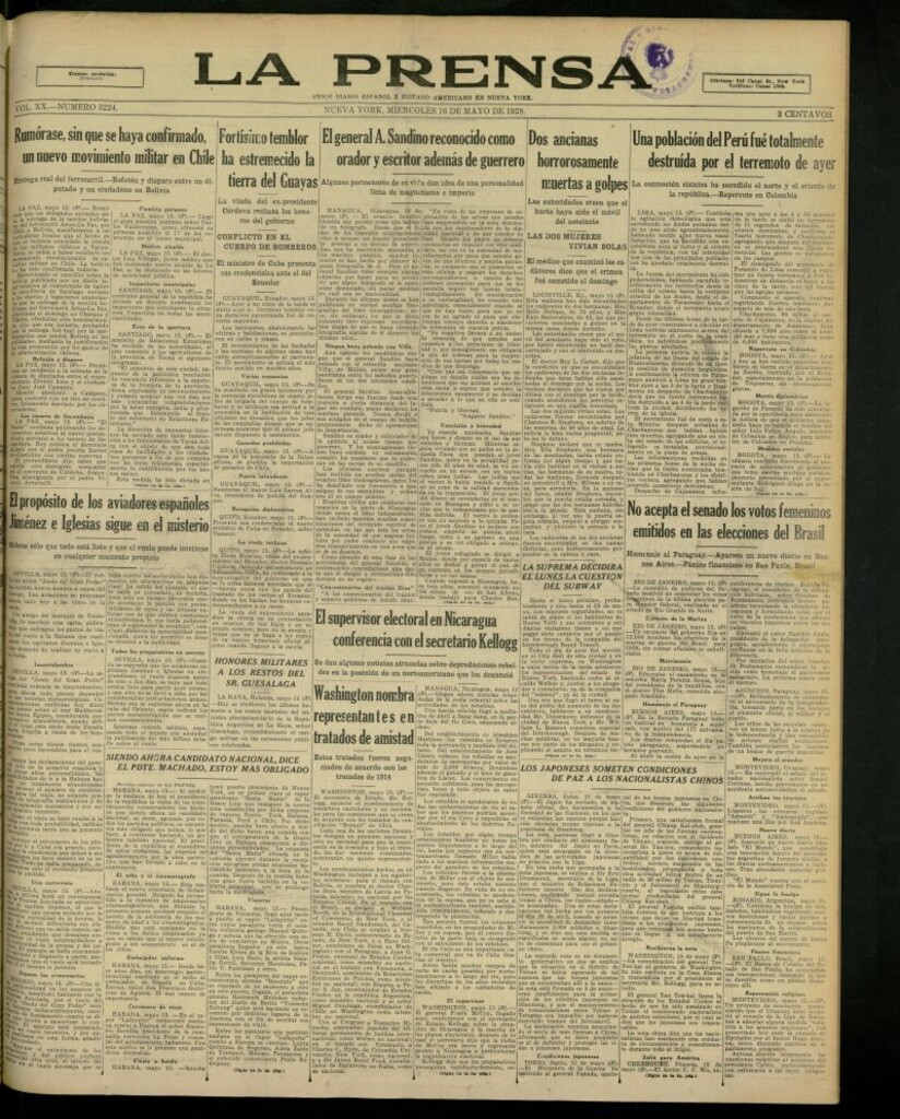 Miniatura de La Prensa: único diario español e hispano americano en Nueva York, del 16 de mayo de 1928, nº 3224