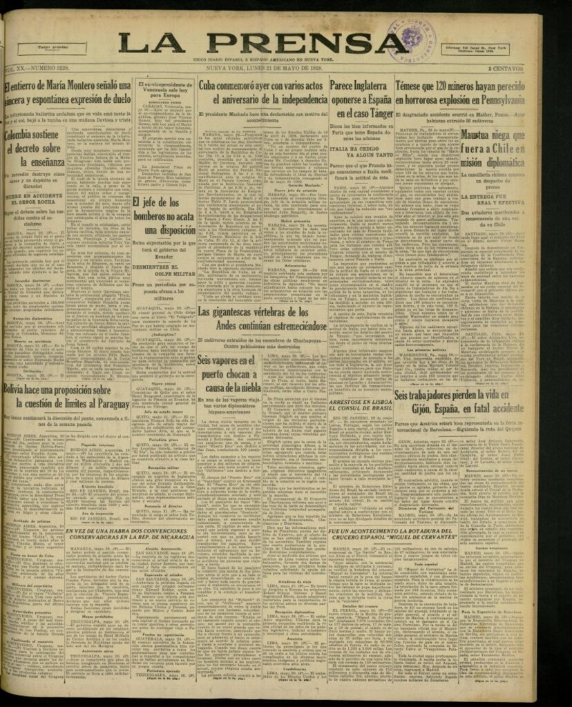 Miniatura de La Prensa: único diario español e hispano americano en Nueva York, del 21 de mayo de 1928, nº 3228