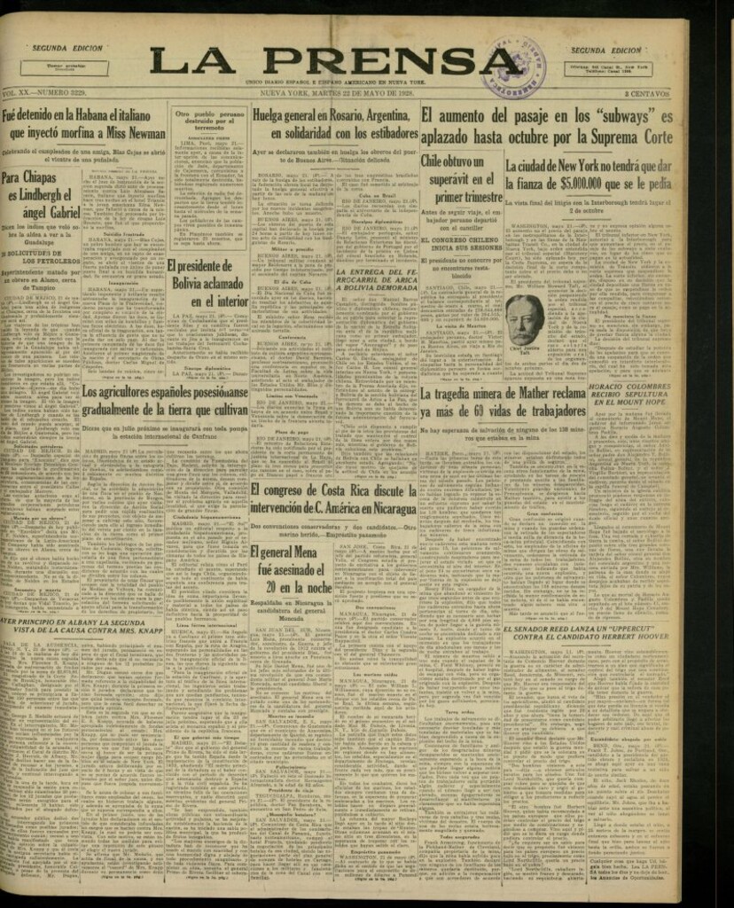 Miniatura de La Prensa: único diario español e hispano americano en Nueva York del 22 de mayo de 1928, nº 3229