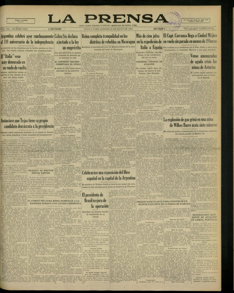 Miniatura de La Prensa: único diario español e hispano americano en Nueva York, del 26 de mayo de 1928, nº 3233