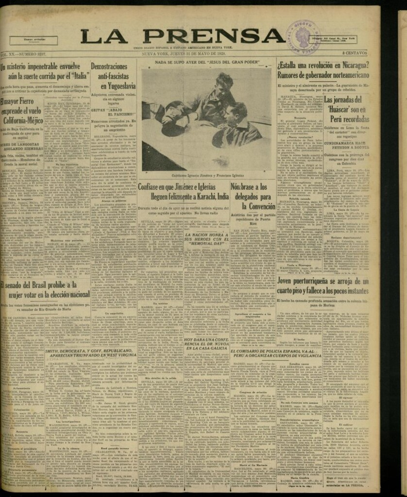 Miniatura de La Prensa: único diario español e hispano americano en Nueva York, del 31 de mayo de 1928, nº 3237
