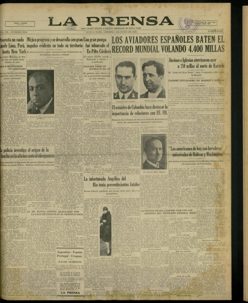 Miniatura de La Prensa: único diario español e hispano americano en Nueva York, del 1 de junio de 1928, nº 3238