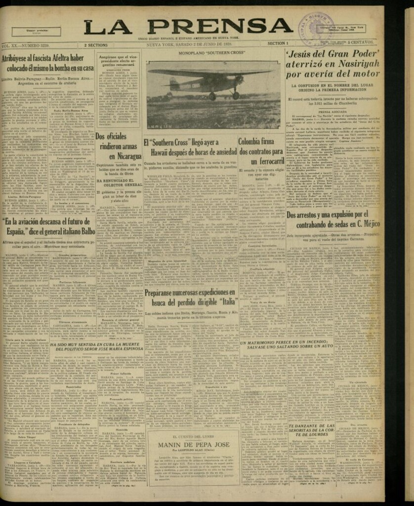 Miniatura de La Prensa: único diario español e hispano americano en Nueva York, del 2 de junio de 1928, nº 3239