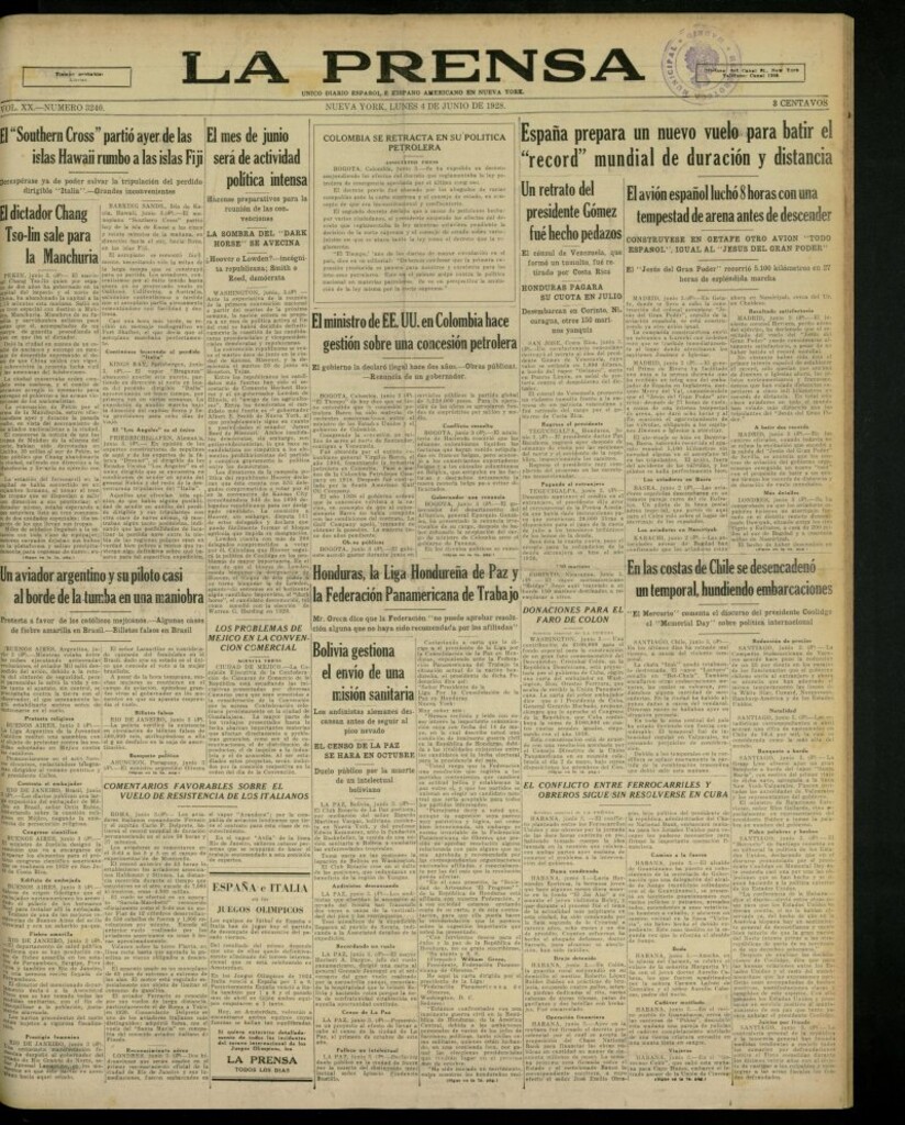Miniatura de La Prensa: único diario español e hispano americano en Nueva York,del 4 de junio de 1928, nº 3240