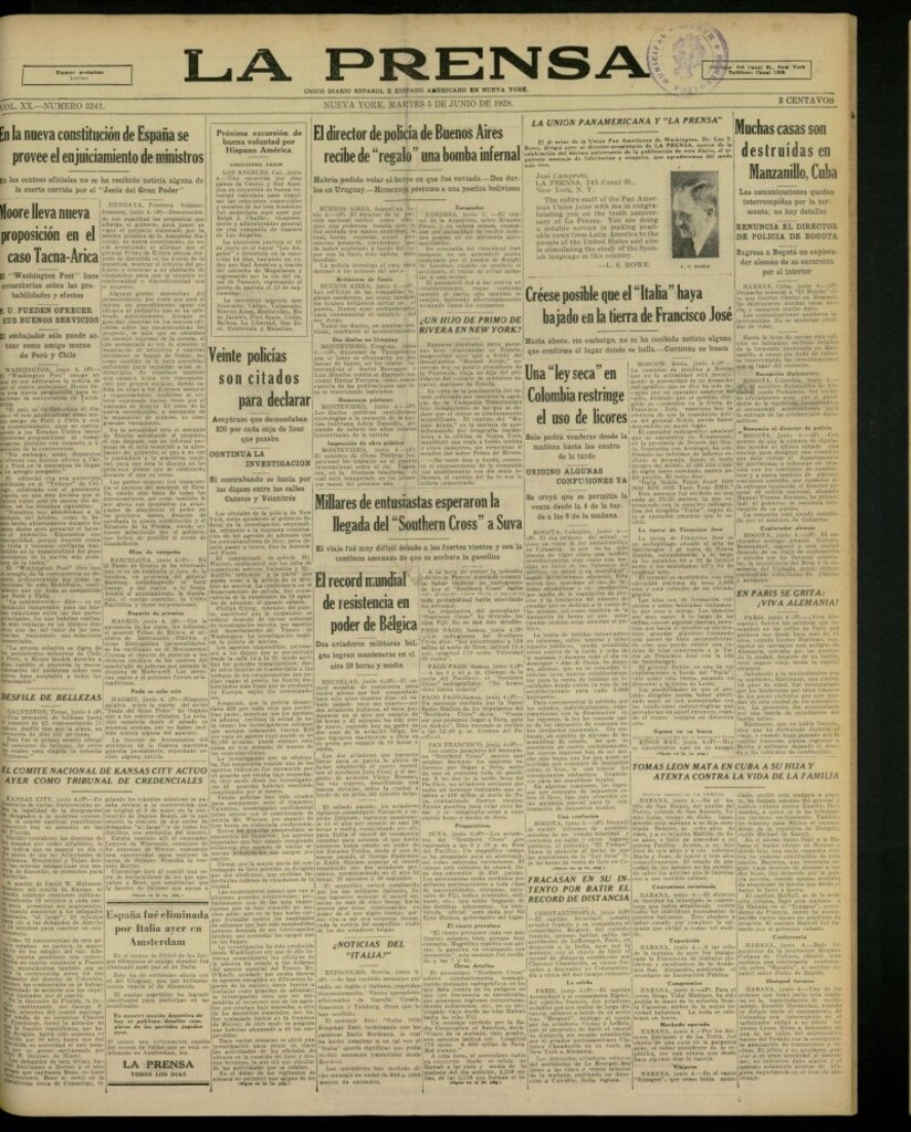 Miniatura de La Prensa: único diario español e hispano americano en Nueva York, del 5 de junio de 1928, nº 3241