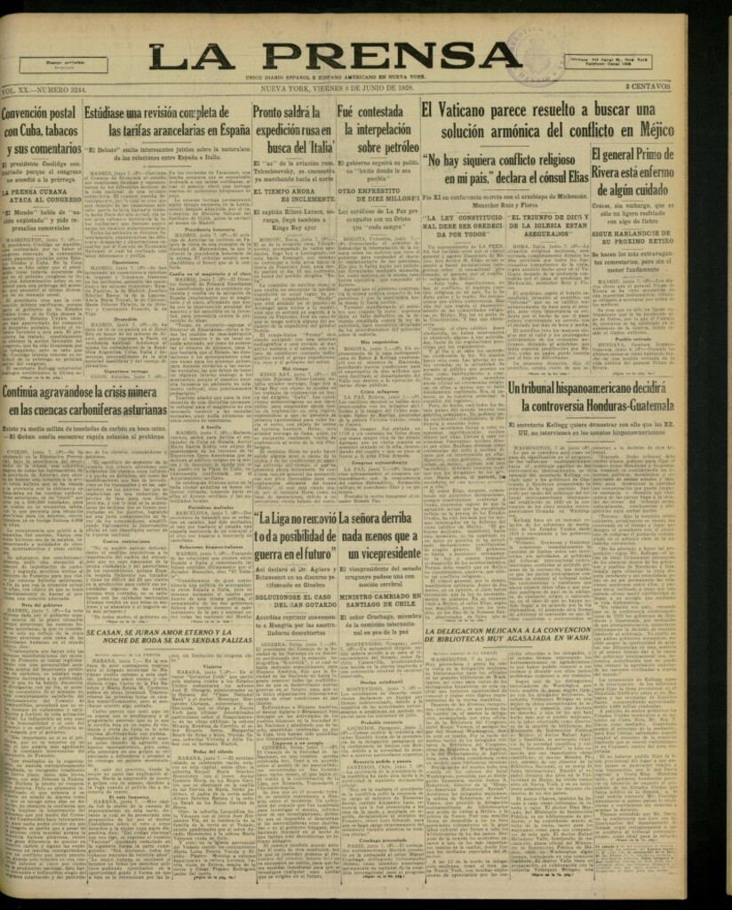 Miniatura de La Prensa: único diario español e hispano americano en Nueva York, del 8 de junio de 1928, nº 3244
