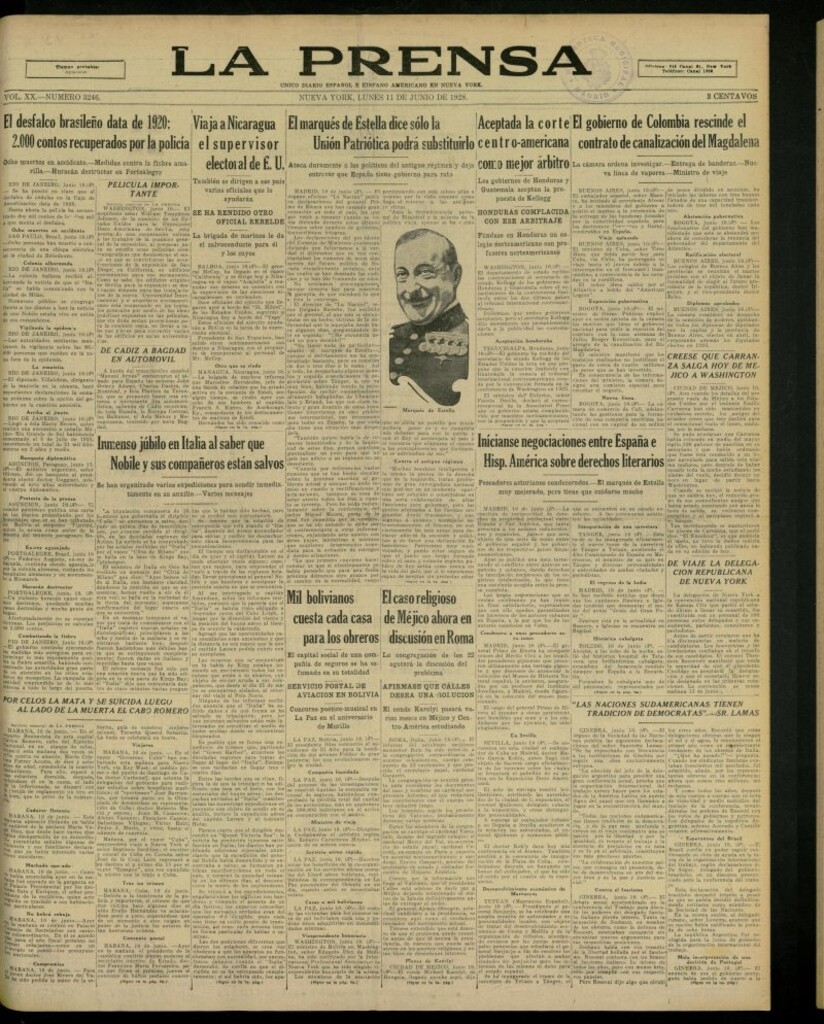 Miniatura de La Prensa: único diario español e hispano americano en Nueva York, del 11 de junio de 1928, nº 3246