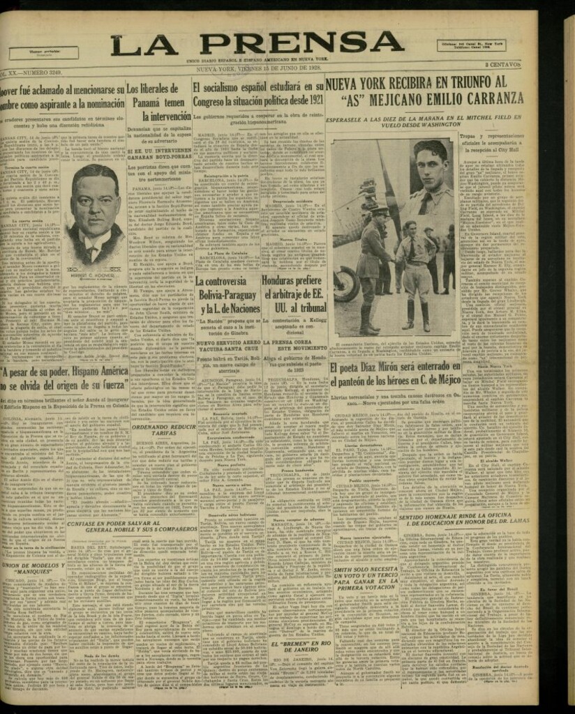 Miniatura de La Prensa: único diario español e hispano americano en Nueva York, del 15 de junio de 1928, nº 3249