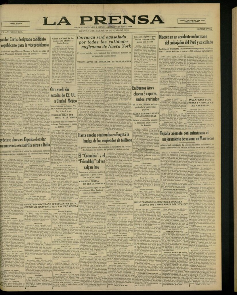 Miniatura de La Prensa: único diario español e hispano americano en Nueva York, del 16 de junio de 1928, nº 3250