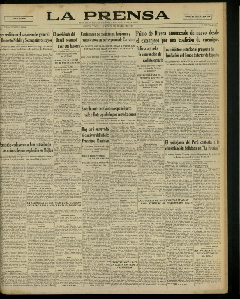 Miniatura de La Prensa: único diario español e hispano americano en Nueva York, del 21 de junio de 1928, nº 3254