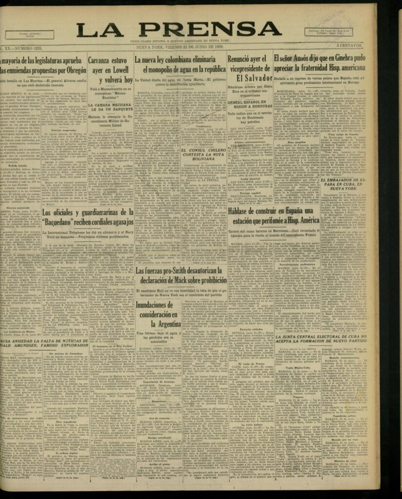 Miniatura de La Prensa: único diario español e hispano americano en Nueva York, del 22 de junio de 1928, nº 3255