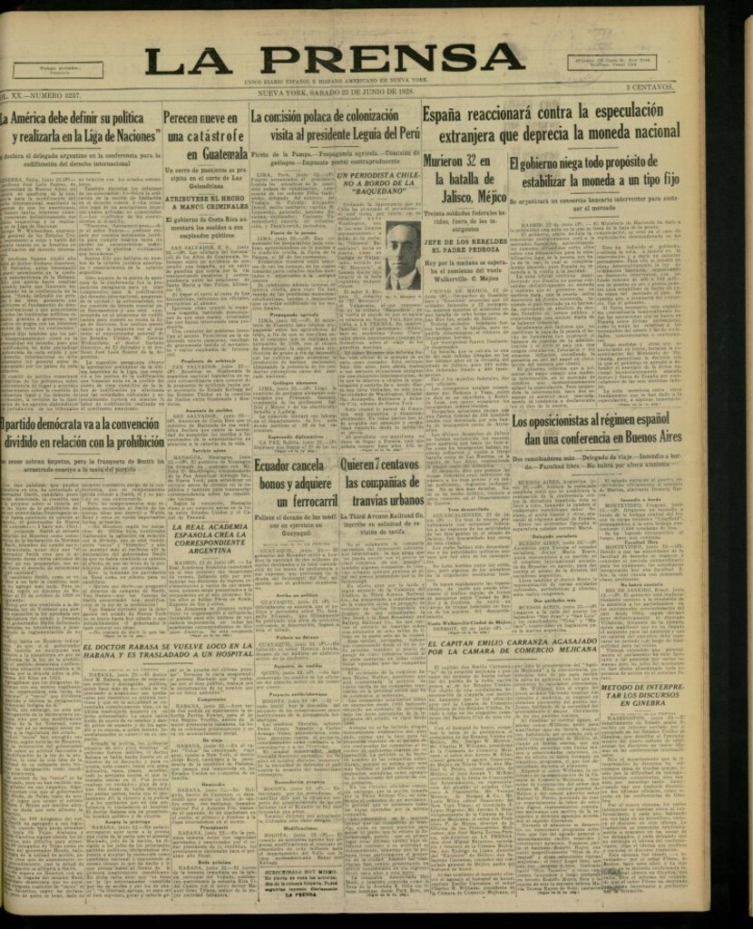 Miniatura de La Prensa: único diario español e hispano americano en Nueva York, del 23 de junio de 1928, nº 3257 [sic]