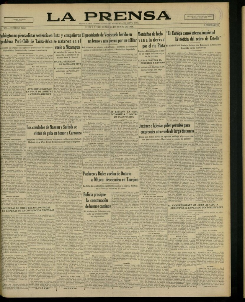 Miniatura de La Prensa: único diario español e hispano americano en Nueva York, del 25 de junio de 1928, nº 3258