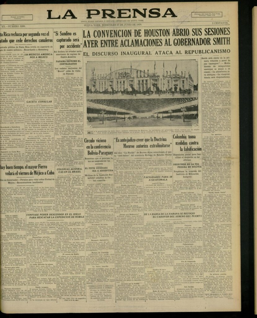Miniatura de La Prensa: único diario español e hispano americano en Nueva York, del 27 de junio de 1928, nº 3260