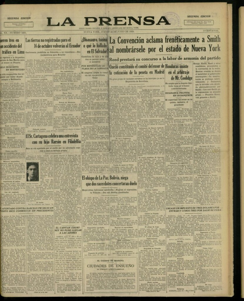Miniatura de La Prensa: único diario español e hispano americano en Nueva York, del 28 de junio de 1928, nº 3261