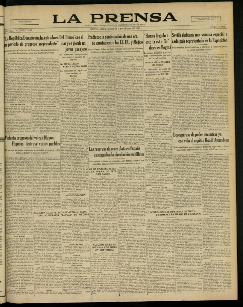 Miniatura de La Prensa: único diario español e hispano americano en Nueva York, del 3 de julio de 1928, nº 3265