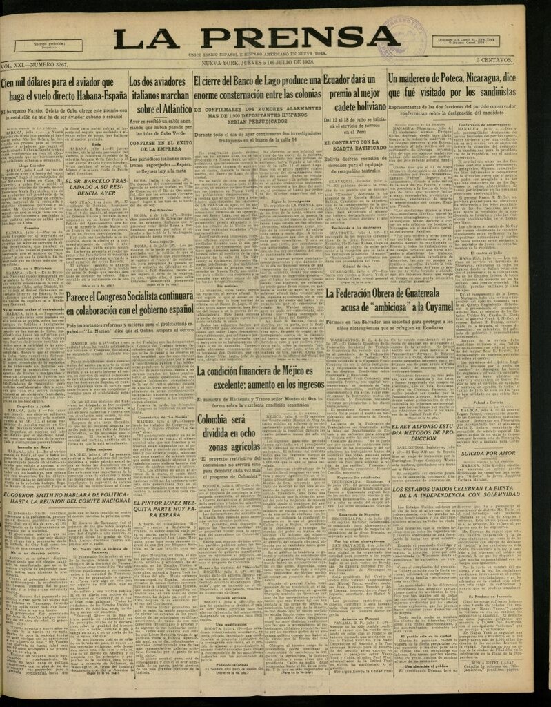 Miniatura de La Prensa: único diario español e hispano americano en Nueva York, del 5 de julio de 1928, nº 3267