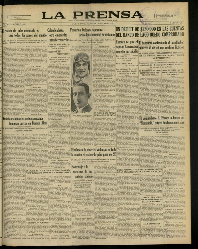 Miniatura de La Prensa: único diario español e hispano americano en Nueva York, del 6 de julio de 1928, nº 3268