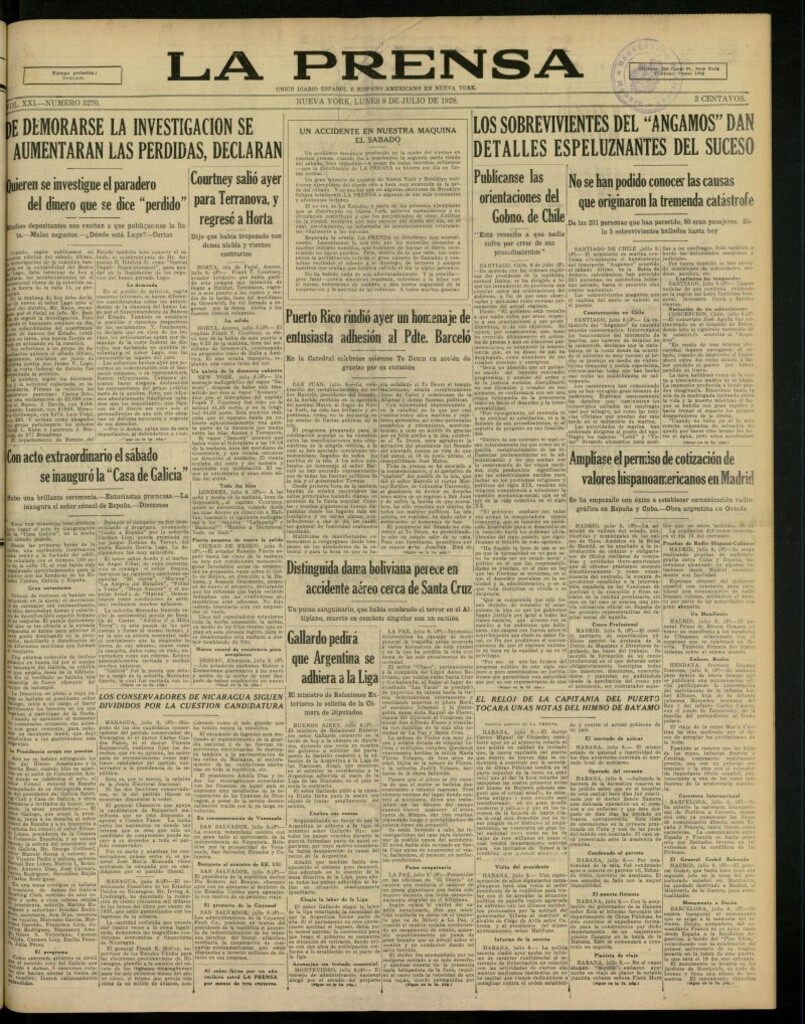 Miniatura de La Prensa: único diario español e hispano americano en Nueva York, del 9 de julio de 1928, nº 3270