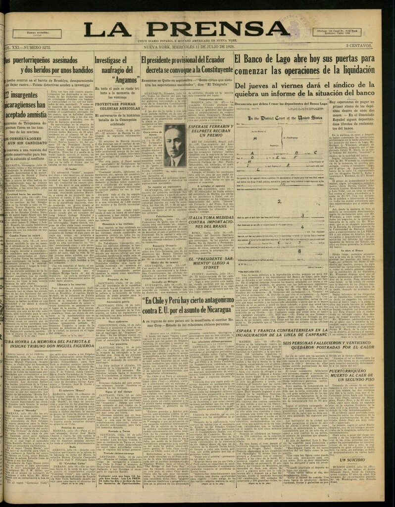 Miniatura de La Prensa: único diario español e hispano americano en Nueva York, del 11 de julio de 1928, nº 3272