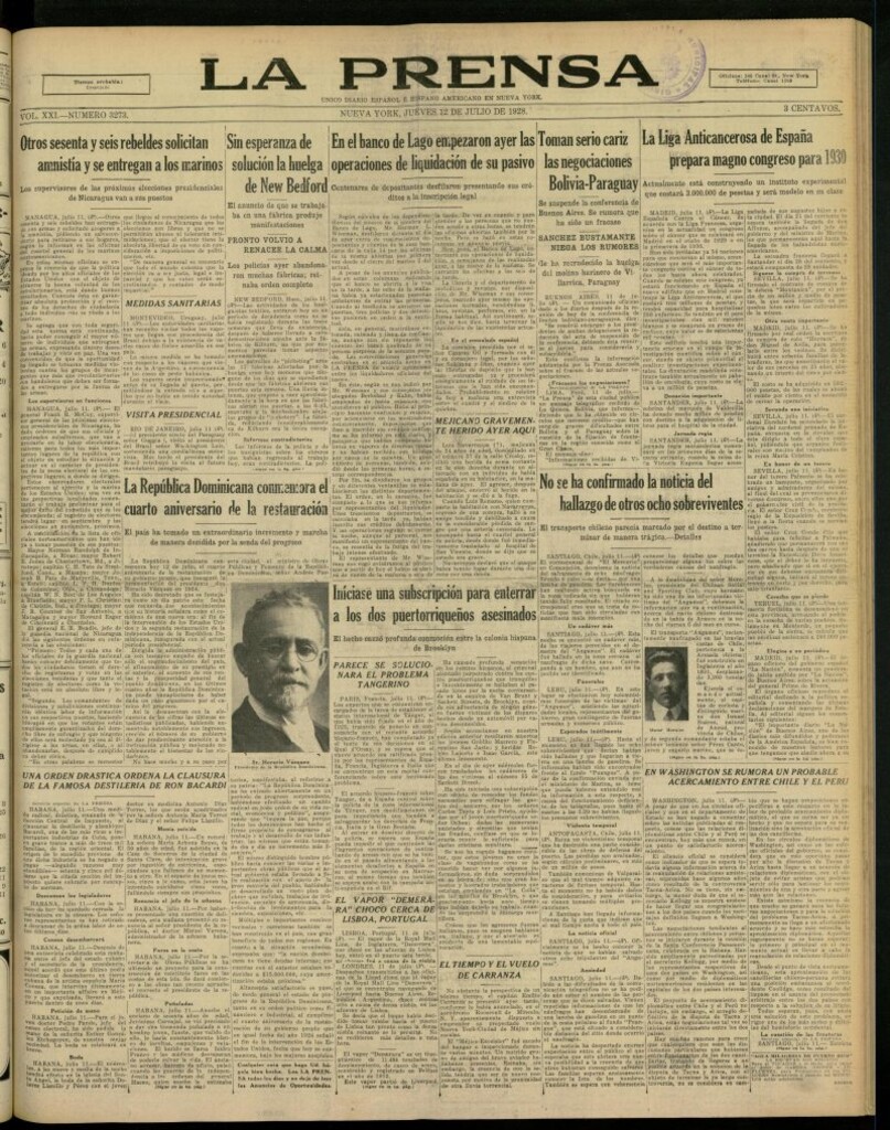 Miniatura de La Prensa: único diario español e hispano americano en Nueva York, del 12 de julio de 1928, nº 3273