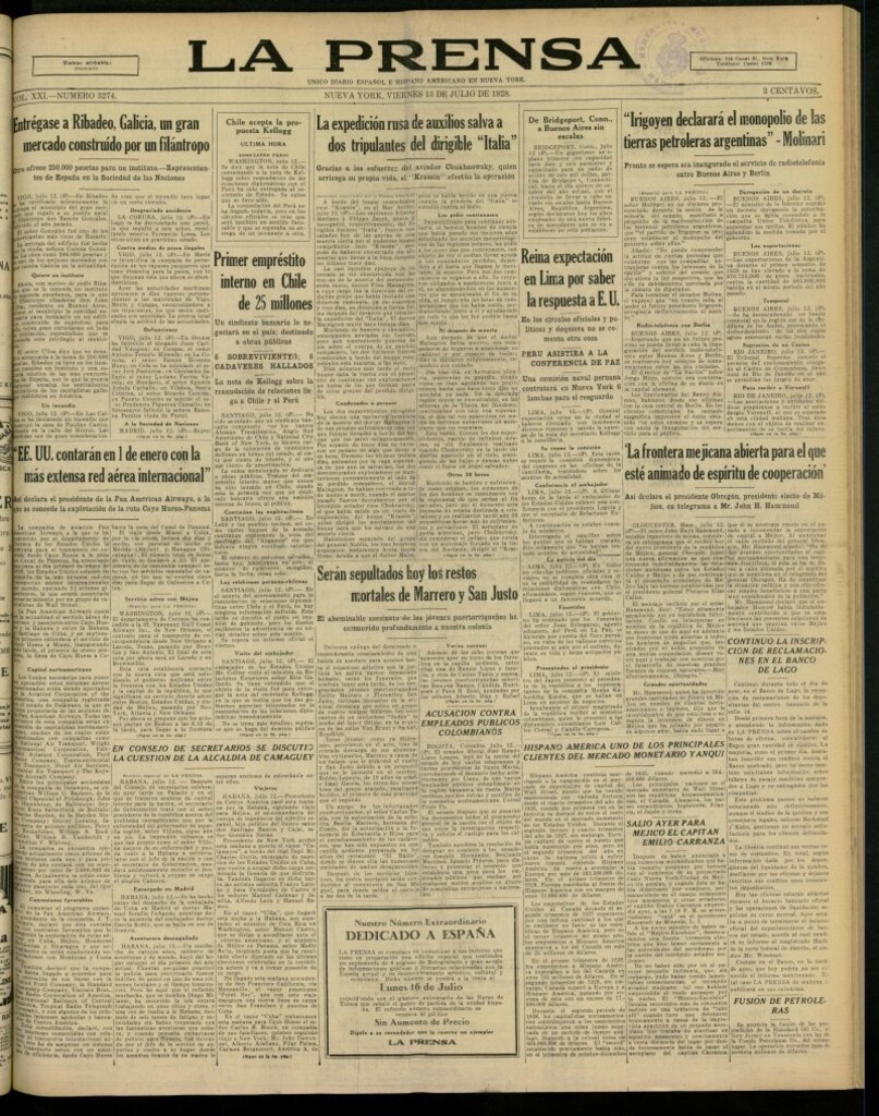 Miniatura de La Prensa: único diario español e hispano americano en Nueva York, del 13 de julio de 1928, nº 3274