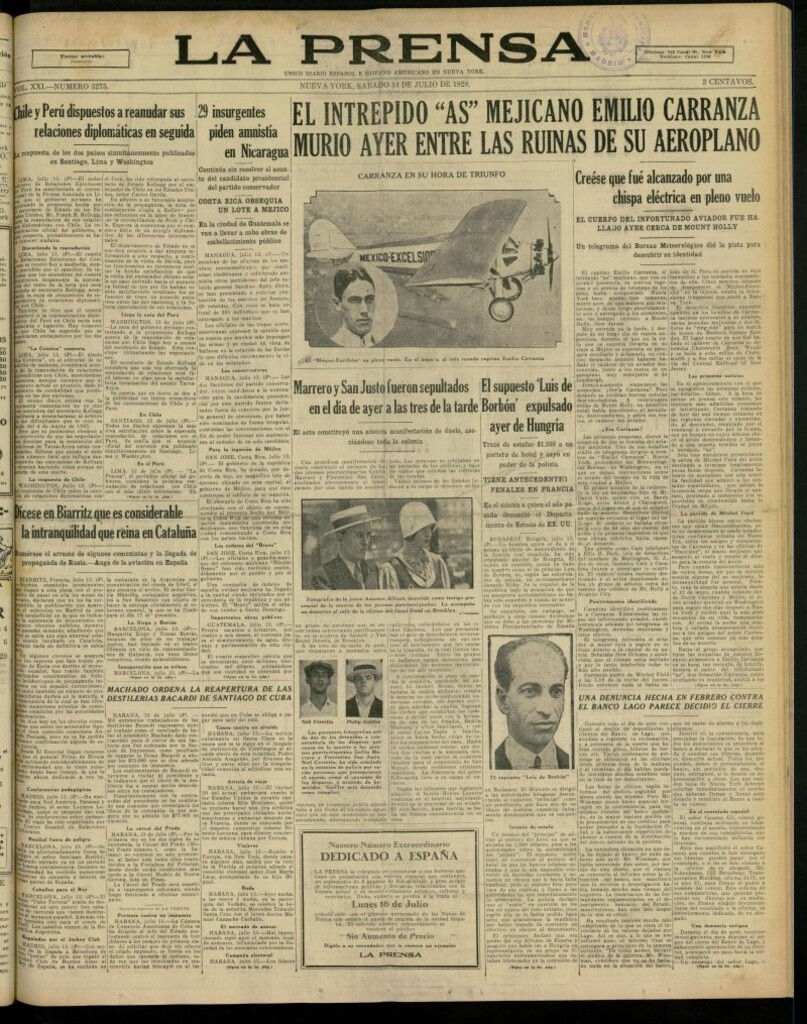Miniatura de La Prensa: único diario español e hispano americano en Nueva York, del 14 de julio de 1928, nº 3275