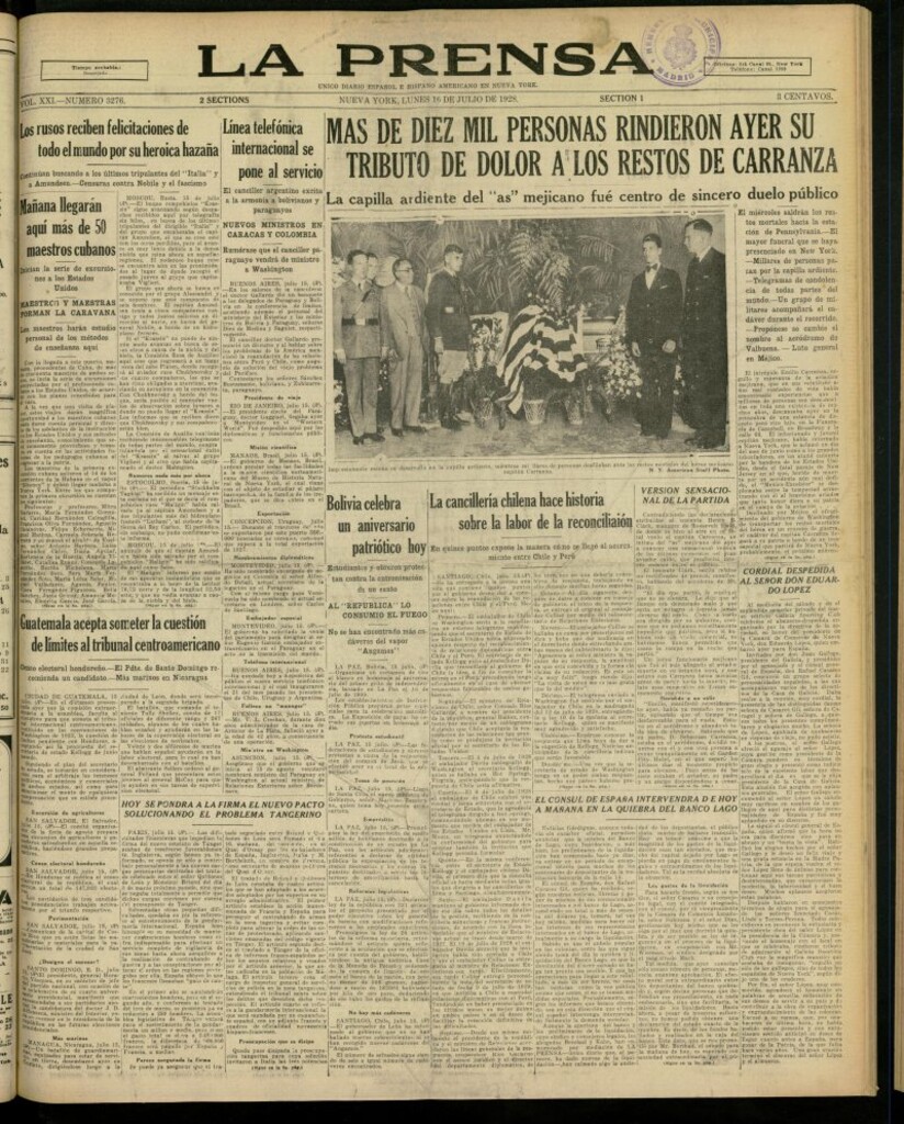 Miniatura de La Prensa: único diario español e hispano americano en Nueva York, del 16 de julio de 1928, nº 3276