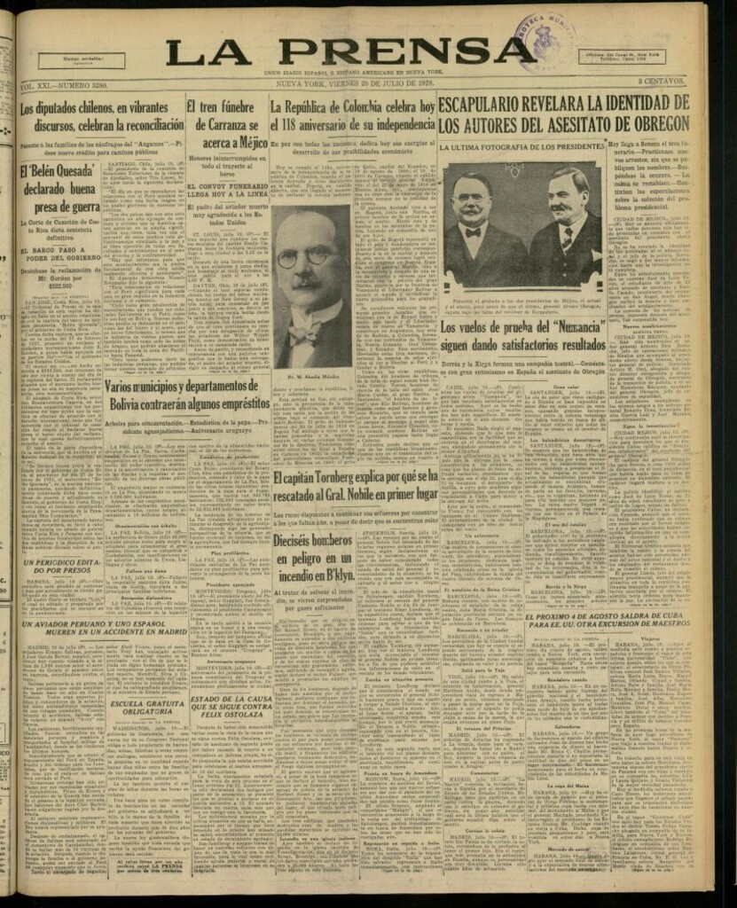 Miniatura de La Prensa: único diario español e hispano americano en Nueva York, del 20 de julio de 1928, nº 3280