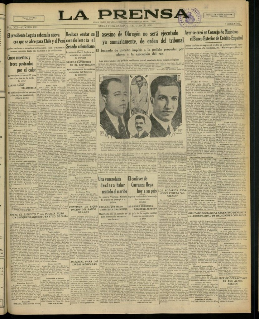 Miniatura de La Prensa: único diario español e hispano americano en Nueva York, del 21 de julio de 1928, nº 3281