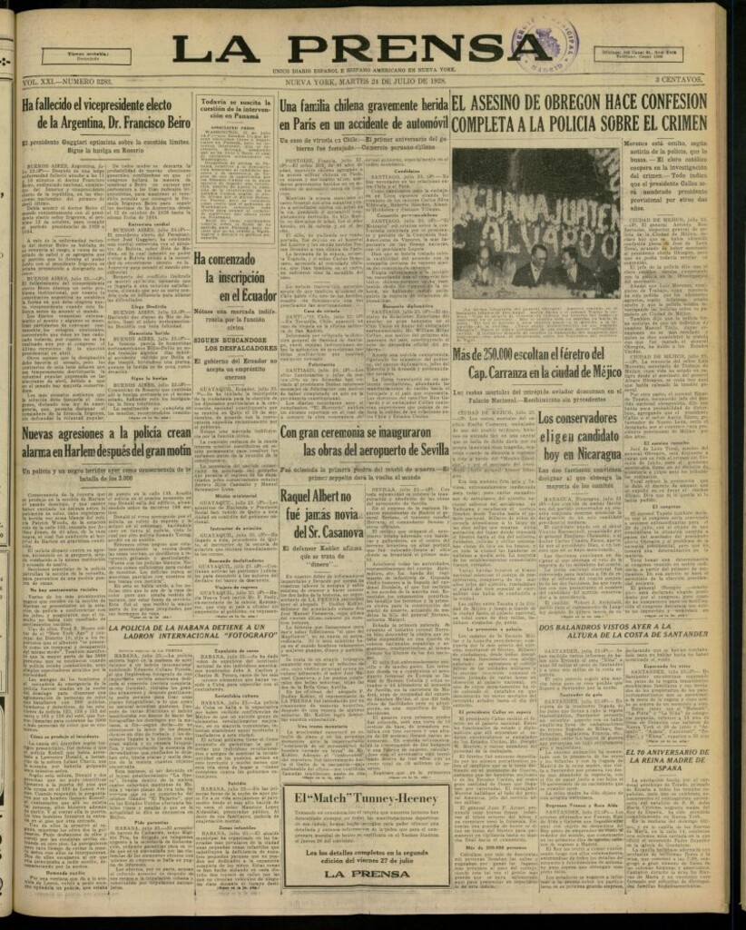 Miniatura de La Prensa: único diario español e hispano americano en Nueva York, del 24 de julio de 1928, nº 3283