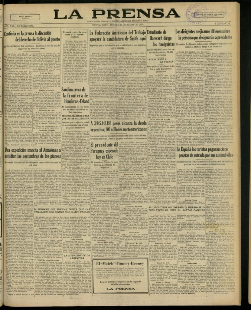 Miniatura de La Prensa: único diario español e hispano americano en Nueva York, del 26 de julio de 1928, nº 3285